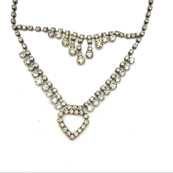 𝅺Double Drop Rhinestone Necklace Silver Vintage - Picture 3 of 14